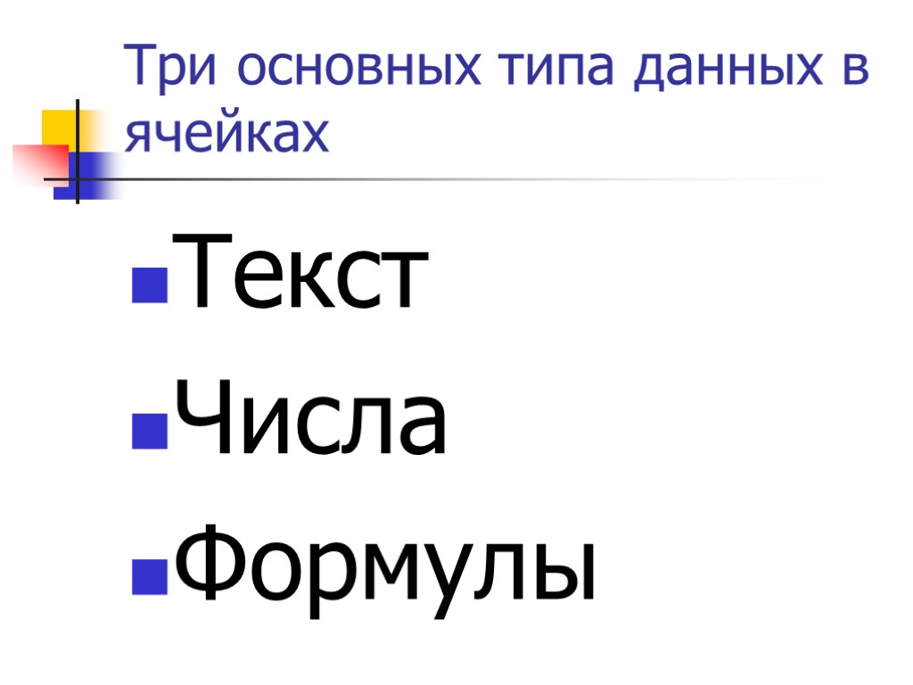 Три основных типа данных в ячейках Текст Числа Формулы